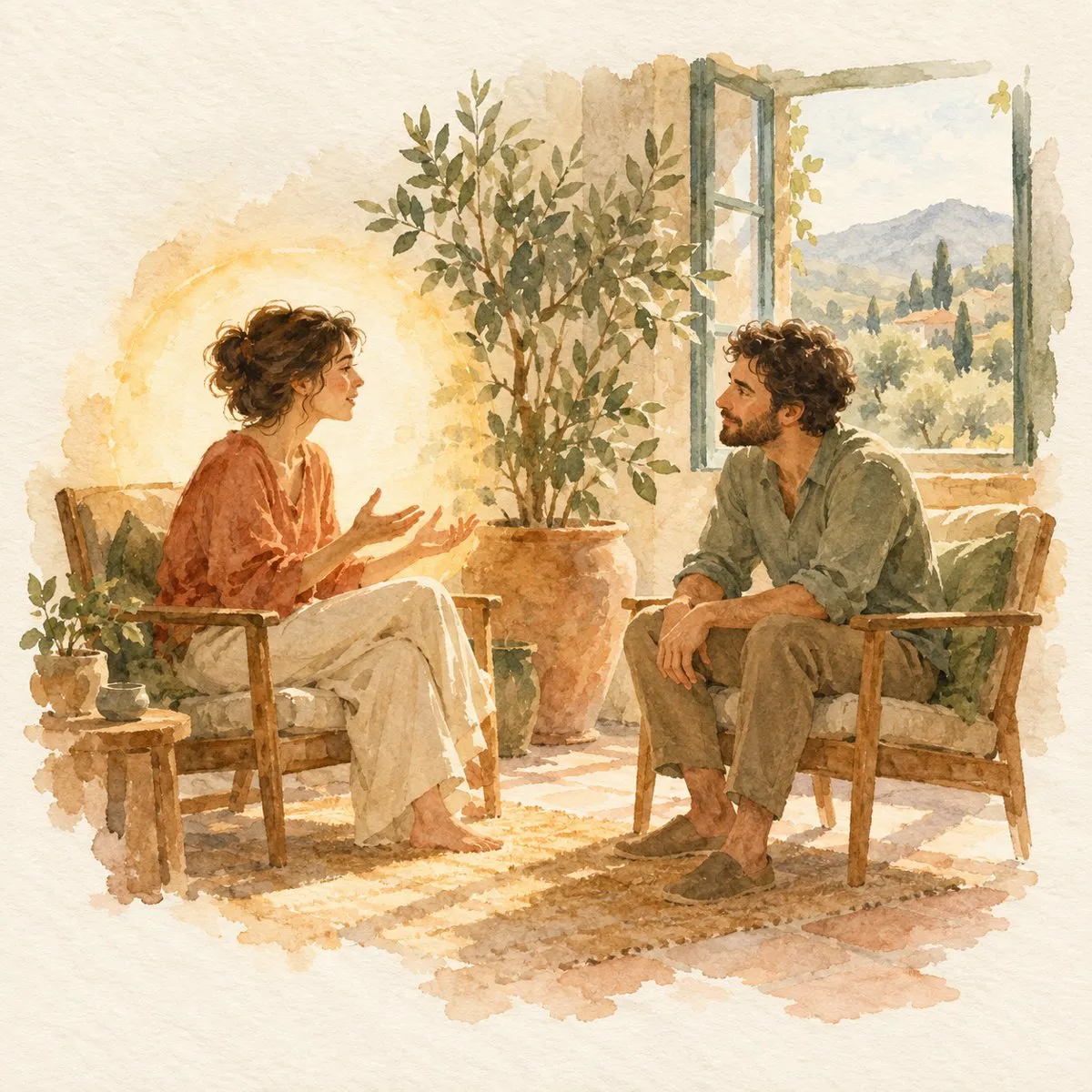 אישה מדברת ואיש מקשיב לה בתשומת לב, בחדר מואר עם עציץ וחלון פתוח