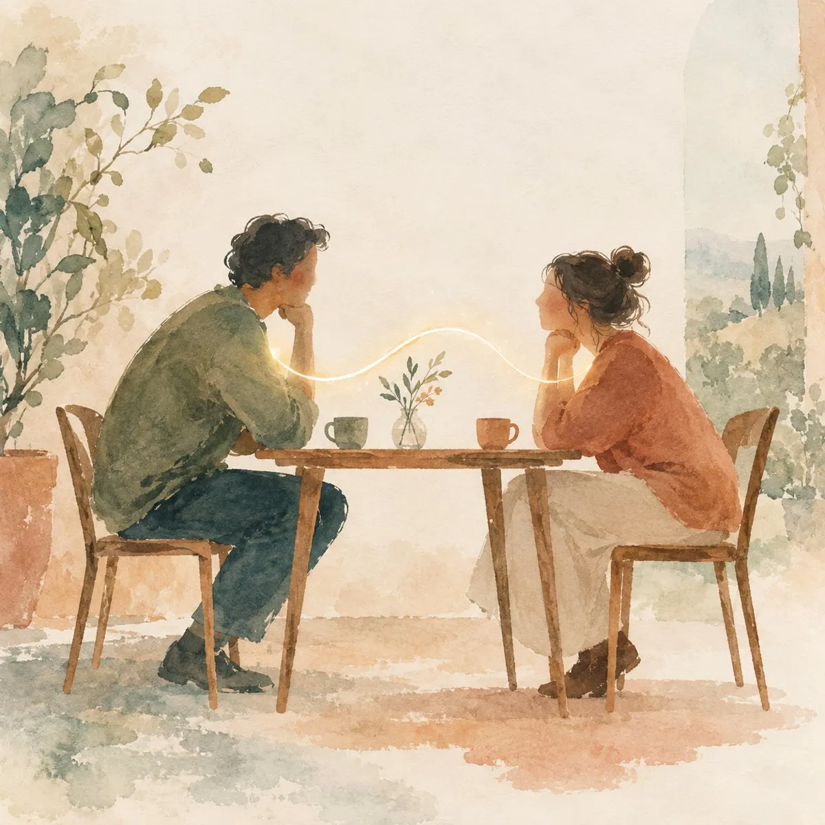 שני אנשים יושבים זה מול זה ליד שולחן, וקו אור רך מחבר ביניהם